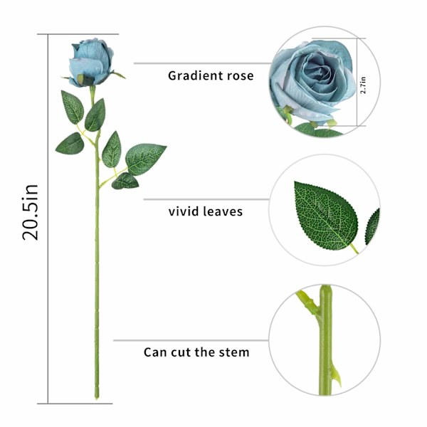 10 stk Kunstige Roseblomster Lang Stilk Silke Roser (Blå)