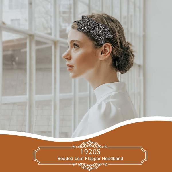 2 stycken Klaff-pannband 1920-tal för kvinnor Klaff-huvudstycke Bladpärlor vintage håraccessoarer för 20-tals kostymfest (silver, svart-guld)