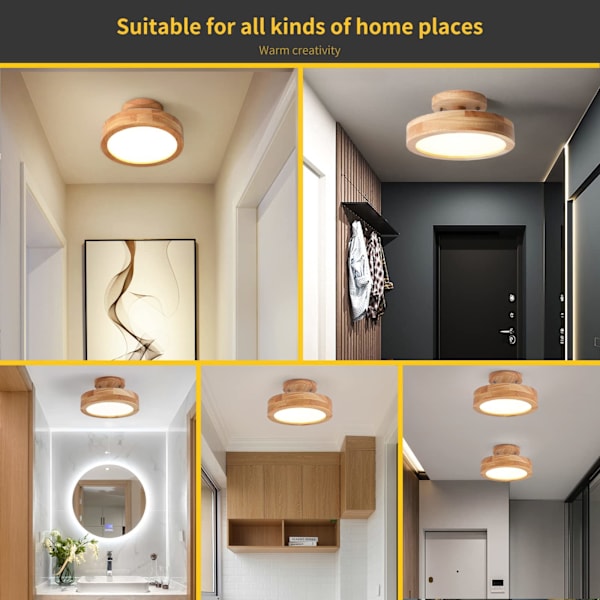 LED Træ Rundt Loftslampe, 12W Ø23cm Moderne Træbase Indendørs Rund Fladmontering, 3 Farver Dæmpbar Loftslampe
