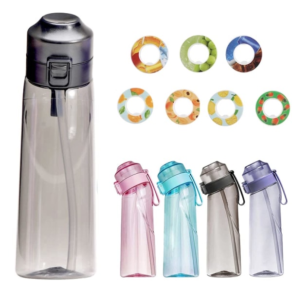 Sportsluftvannflaske BPA-fri, 650 ml startsett drikkeflasker med 7 fruktsmaksputer duftende for smakstilsetning 0 sukker, 0 kalorier (blcak)