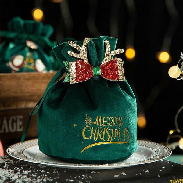 Juläpplepåse Julafton Julfrukt sammetspåse sammetspåse Julklapp mörkgrön - horn