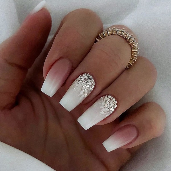 24pcs Short Coffin False Nails White Pink Ombre Stick on Nails Press on Nails with Glitter Sequins Removable Glue-on Nails Fake Nails