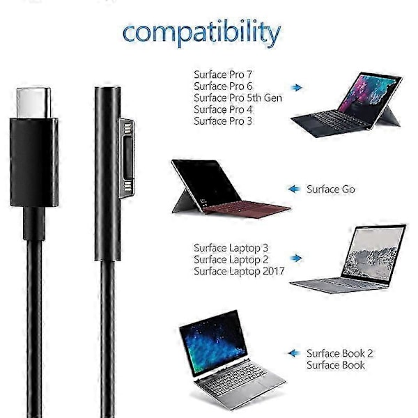 for Surface Connect til USB C Ladekabel Kompatibel for Surface Pro 3/4/5/6/7, Surface Laptop 3/