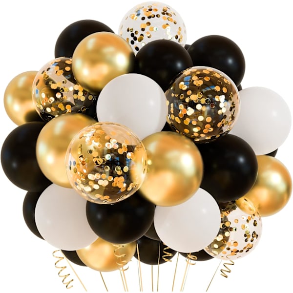 50 Pakk Svarte Gull Konfetti Ballonger 12 Tommer Hvite Svarte og Gull Ballonger med Bånd for Graduation Birthday Wedding gold