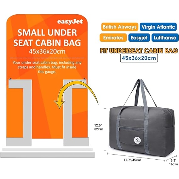 Flyselskap Undersete Kabin Bag Foldbar Reise Duffel Bag Holdall Tote Håndbagasje Overnatting for Kvinner og Menn navy grey