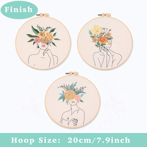 3 set med full serie av nybörjarbroderikit, DIY handbroderi startset, kvinnor och blommönster