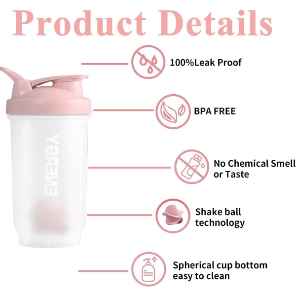 Shaker Cup Sports Supplements Shakers med Mixer Ball Fitness Milkshake Bærbar Treningsvannflaske 500 ml pink