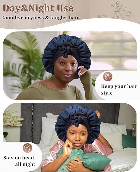 Satin Bonnet til Søvn Kvinder Dobbelt Lag Hår Bonnet med 2 stk Hår Scrunchies Elastisk Bånd Nat Hætte Navy Blue + Light Blue