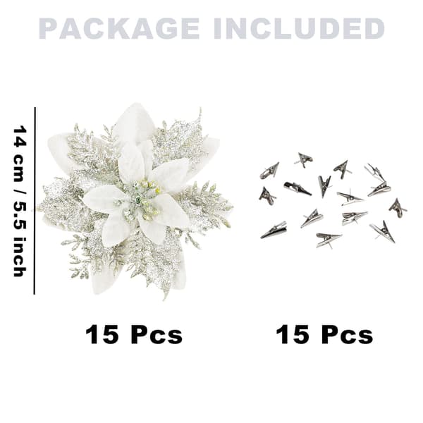 15 stk sølv julestjerne kunstige blomster med klips silver