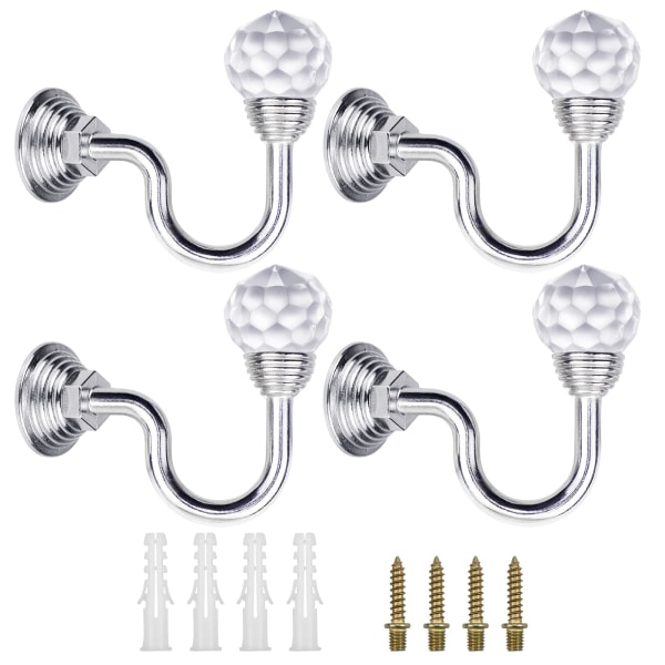 4 Pcs Crystal Curtain Tie Backs Hooks Wall Mounted Curtain Holdbacks Tassel Curtain Hook Holder Coat Hanger (Silver)