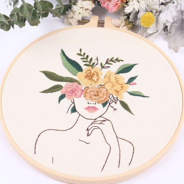 3 set med full serie av nybörjarbroderikit, DIY handbroderi startset, kvinnor och blommönster