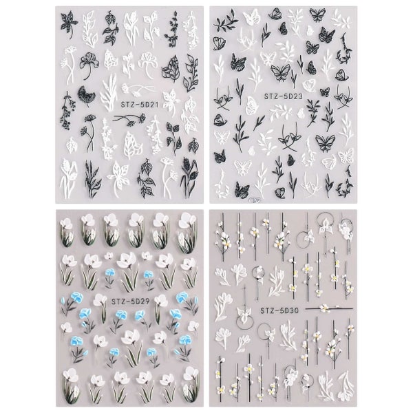 3D-präglad blomma våren Nail Art Stickers Dekaler Självhäftande 5D Sommar Färgglada blommiga Nageltillbehör Dekoration Tillbehör 4 ark
