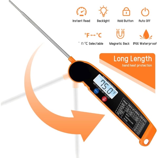 Digital Meat Thermometer, Foldable Probe, Auto On/Off