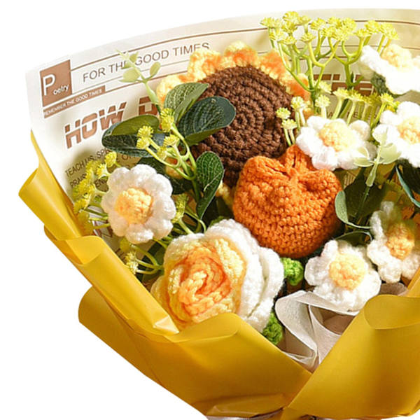 Håndlaget strikket bukett heklebukett kunstige blomster strikket solsikke rose tusenfryd ferdig produkt evig velsignelse, gul