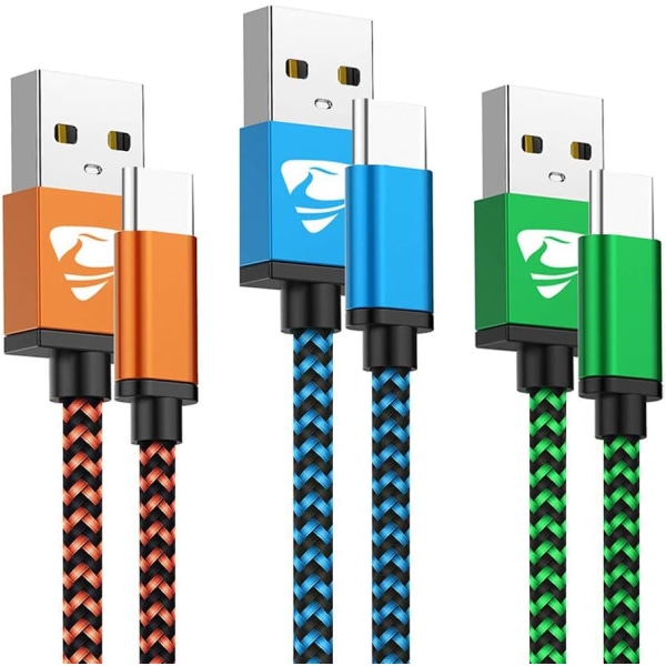 USB C-laddarkabel 3A Snabbladdning, 2M 3Pack Typ C-kabel Flätad lång ledning för Samsung Galaxy S22 S21 S20 S10 S9 A12 A21 A22 A32 A33 A53 A70