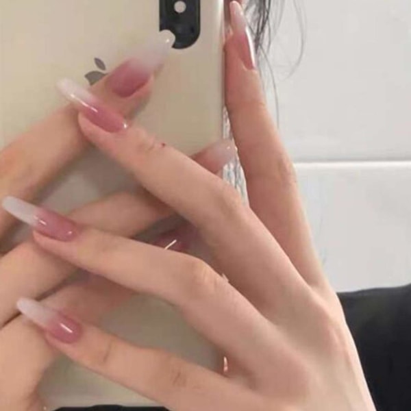 Långa falska naglar Rosa vit gradient Tryck på naglar Akrylnaglar