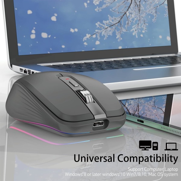 2.4G+BT5.1 Trådløs mus med dobbel modus, ergonomisk design, 4-trinns justerbar DPI, innebygd oppladbar batteri for bærbar PC black