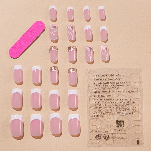Fyrkantiga lösnaglar korta, 24 st franska naglar trycka på naglar, lösnaglar med lim, rosa hjärta design falska naglar glitter, squoval naglar avtagbar