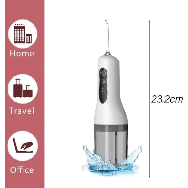 Bärbar elektrisk tandrengörare - Munvårdsinstrument för hemmet - Tandvattenstråle. Längd: 23,8 cm / Bredd: 9 cm / Höjd: 7,5 cm