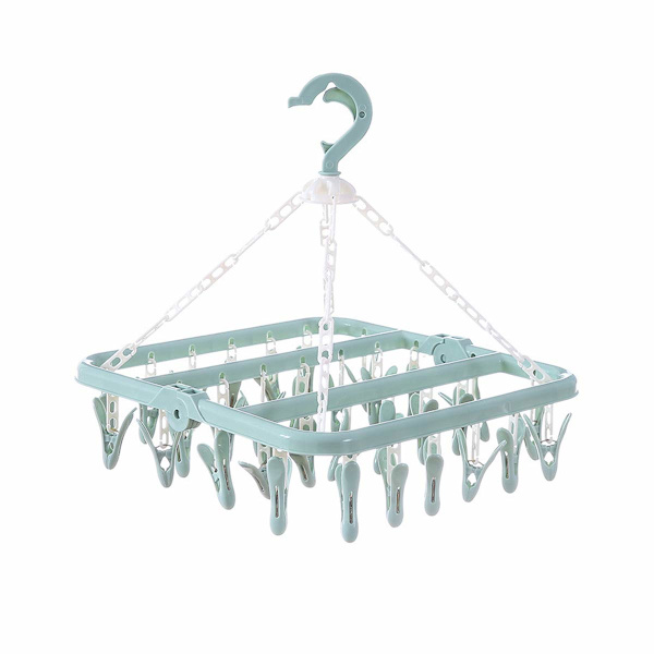 32 Peg Foldable Sokketøj med Klemmer, Drejelig Krog (Grøn)