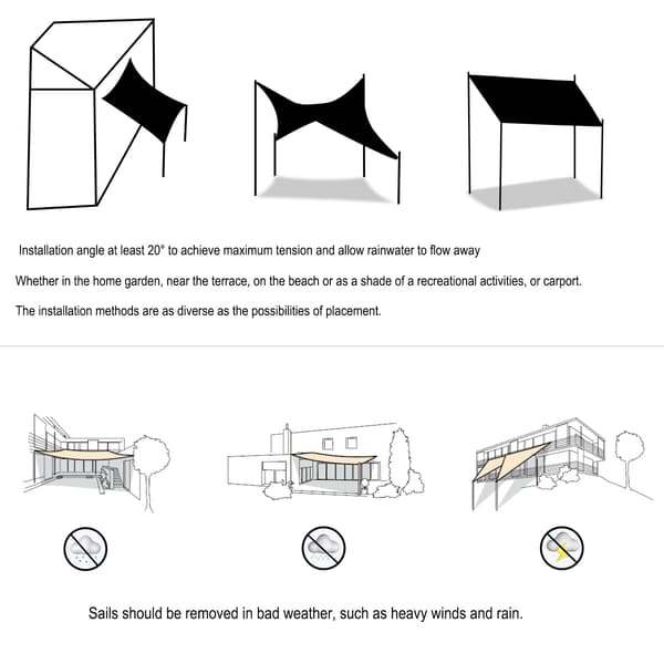 2x3m Rektangulær Solseil, Vanntett, Anti-UV (93% Vannavstøtende), Vindbeskyttelse, Polyester UV-beskyttelse for Hage, Terrasse, Camping, Grå