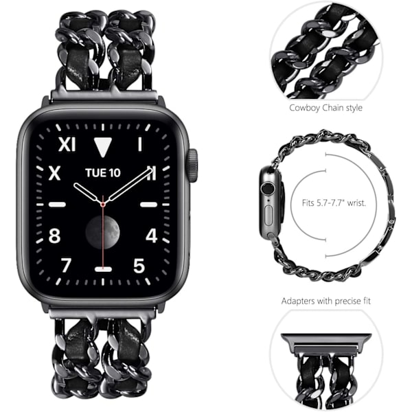 Metalrem til kvinder, kompatibel med Apple Watch 38mm 40mm 41mm, rustfrit stållænkearmbånd til iWatch Series 9/8/7/6/5/4/3/2/1/SE black 38/40/41MM