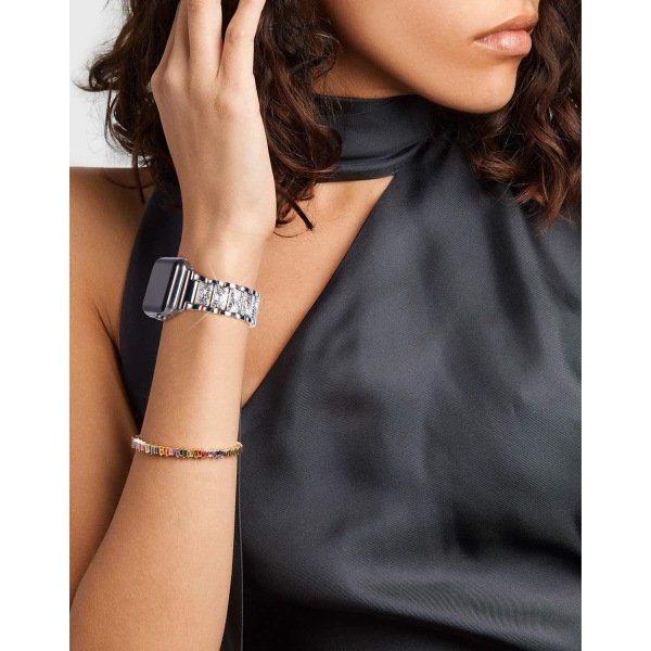 Kompatibel med Apple Watch-rem 42 mm 44 mm 45 mm, Glitrende Bling-krystall for kvinner i rustfritt stål Link Armbånd erstatningsbånd for iwatch-serien silver 42/44/45/49MM