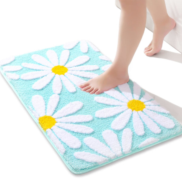 Grøn bademåtte Hvid blomst tæppe 40 x 60 cm, skridsikker bademåtte