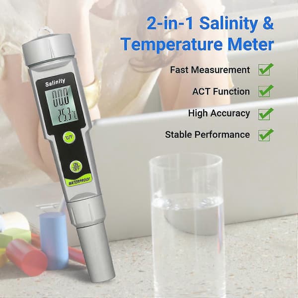 Salinometer Vanntett Saltholdighetstestpenn 2-i-1 Saltholdighets- og Temperaturmåler Bærbar Saltholdighet