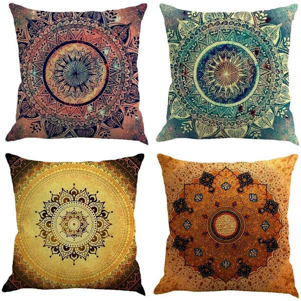 Set med 4 Mandala-kuddfodral, bohemisk dekorativ fyrkantig 18 x 18 tum 45 x 45 cm Boho-kudde