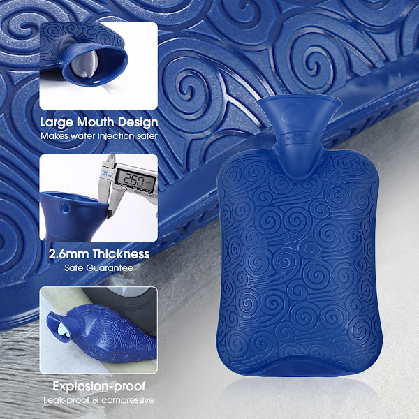 Premium klassisk gummivarmflaske, holdbar 2 liter blå blue