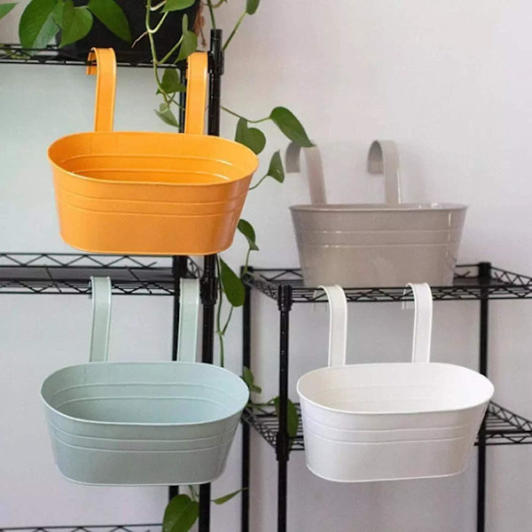 Hengende blomsterpotter, metalljernbøtteplanter for rekkverk gjerdbalkong med kroker (Candy Blue)