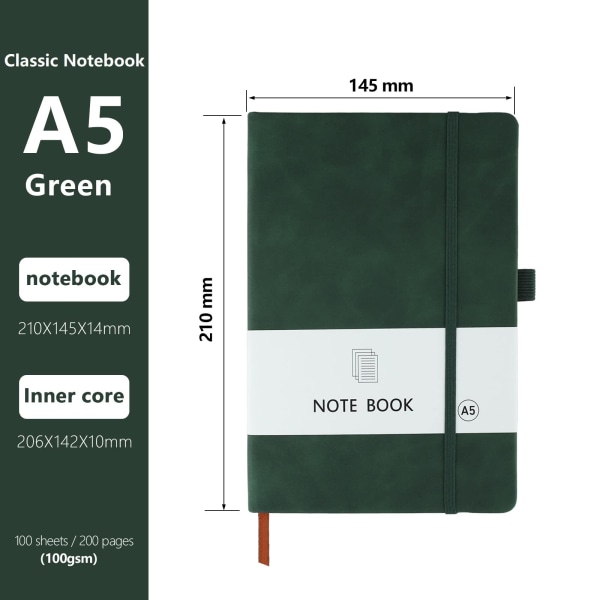 A5 Notebook, 2 Pack Notebook A5 200 sidor 100 GSM Journal Notebook Hardback Anteckningsblock med bokmärke, pennögla och elastisk stängning (grön+rosa)