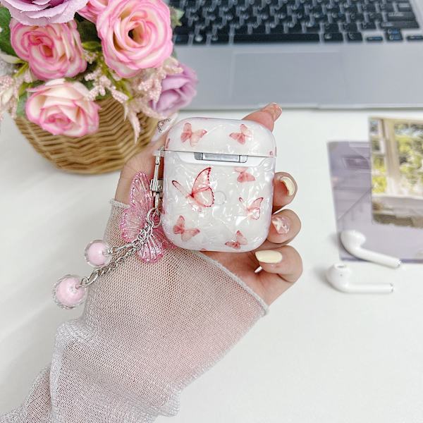 Kompatibel med AirPods 1&2 Fodral för Kvinnor Flickor, Sött Rosa Fjäril Skal Design Mjuk TPU Fodral med Nyckelring Anti-damm Stöttålig Skyddande Skal