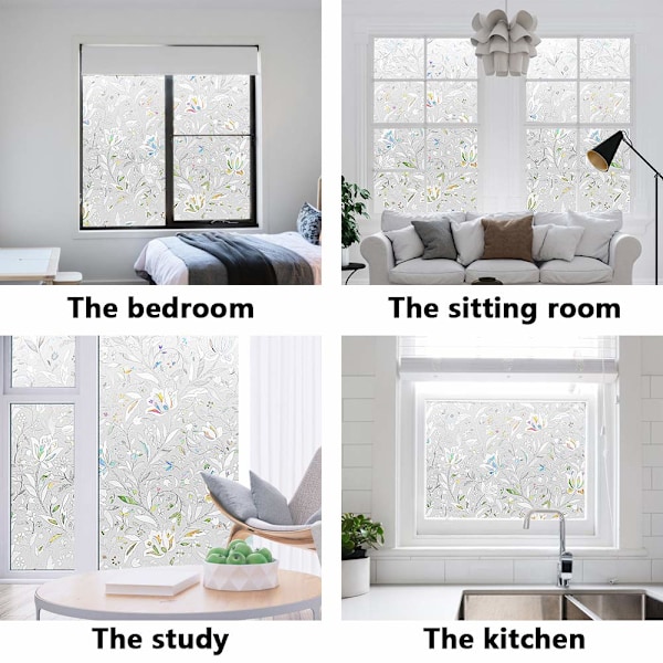 Självhäftande fönsterfilm för integritetsskydd, ogenomskinlig, utan lim, anti-UV, dekorativt fönsterfilm i frostat glas, tulpan (30x200cm)