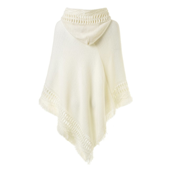 Kvinners hette poncho med heklede kanter, kappe for kvinner laget av strikket materiale med dekorative frynser