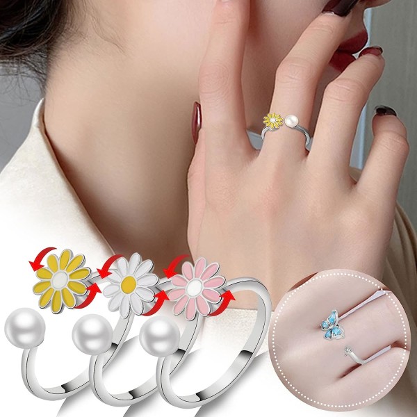 Spinning Daisy Ring, Fidget Spinner Ringar för kvinnor,Ring Open Justerbar Ring,Lugnande oro Meditationsring Stress relief Ring Smycken Present