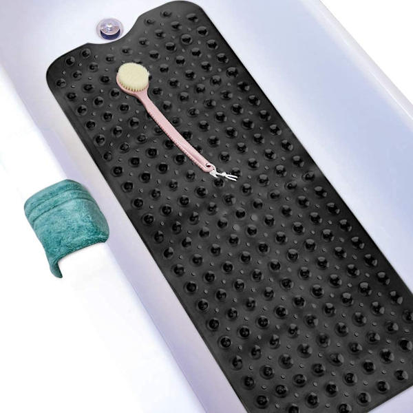 Badkarsmatta halkfri mögelresistent, extra lång badkarsmatta halkfri mattor för badrum, antibakteriell, BPA 39x16 tum, klar svart