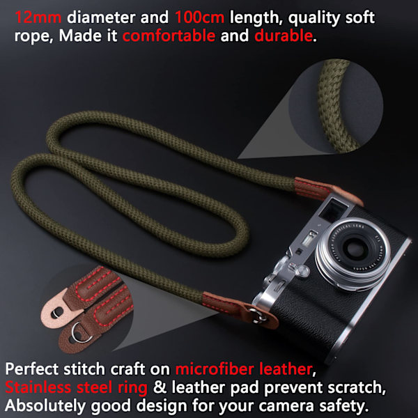 Blød kamerarem i nakken kompatibel med Sony A6600 A6400 A6000 A6300 A6500 A5100 RXIR II RX10 X100F X-T30 X-T20 X-T3 X-T2 X70 X-Pro2 X-E3 X30  Grøn