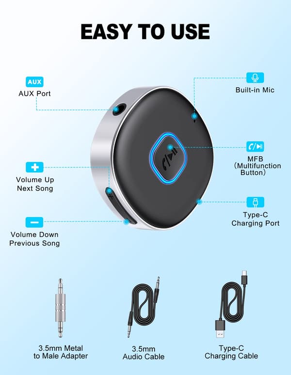 Auton Bluetooth AUX -sovitin, Mini Bluetooth 5.0 -vastaanotin