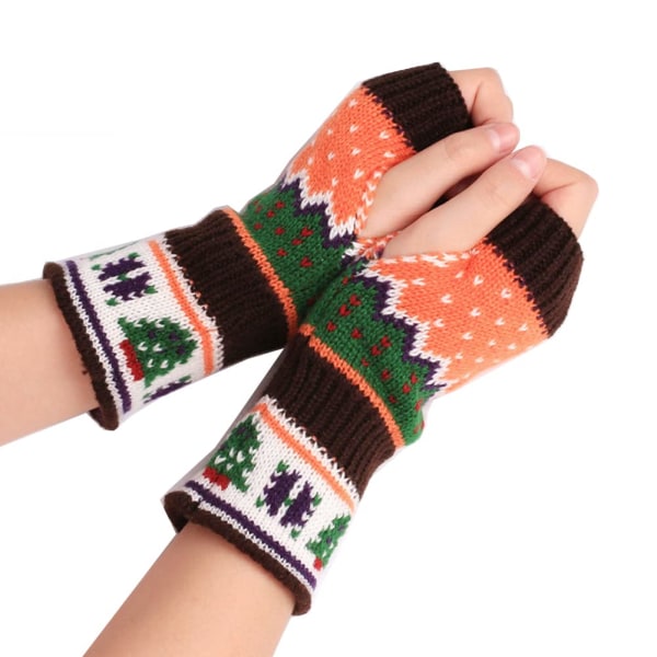 Kvinnor Flickor Färgglada fingerlösa handskar julstickade handledsarmsvärmare tumhål Vintervarma handskar, brun coffee