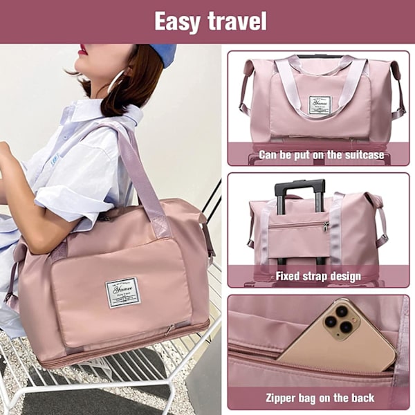 Stor Kapacitet Foldbar Rejsetaske, Rejse Letvægts Vandtæt Håndbagage Tasker med Fast Rem, Tør og Våd Separation Foldbar Rejse pink