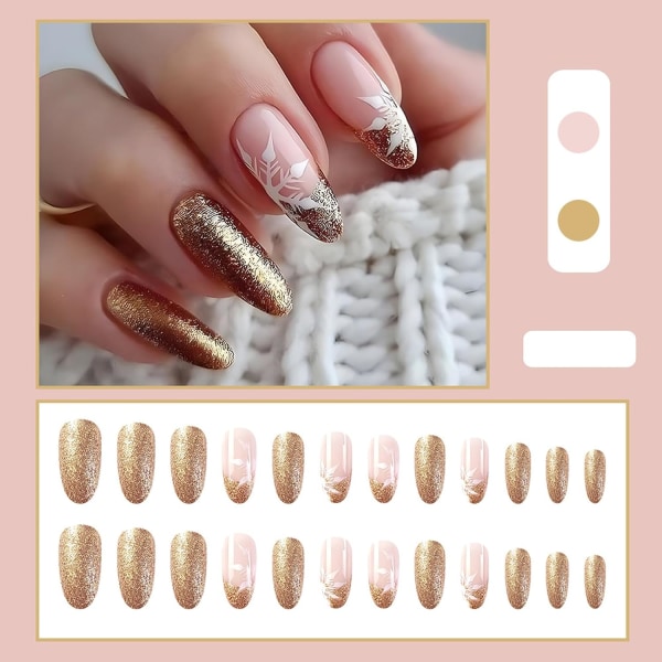Falska naglar medel längd, mandel press on naglar guld glitter glänsande falska naglar med vit snö design, akryl stick on naglar för kvinnor
