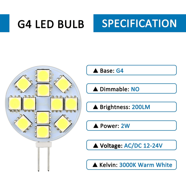 2W G4 LED-lampa, AC/DC12-24V, varmvit 3000K, 6 st.