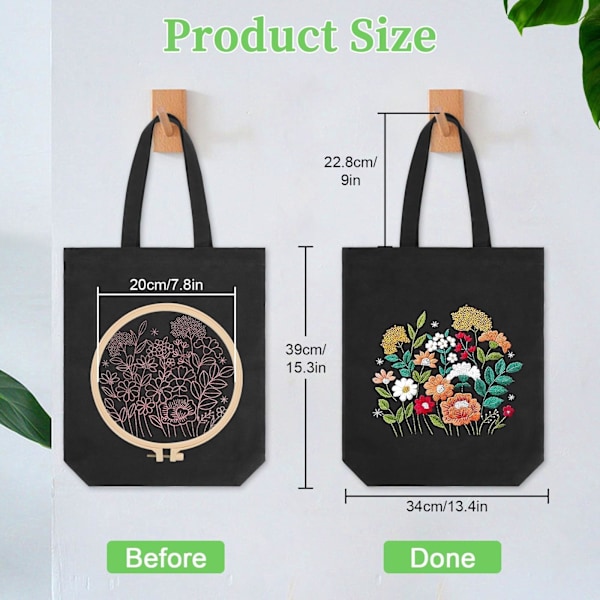 Canvas Tote Bag Broderikit med Blommönster, Konst och DIY Vuxna Korsstygnshantverkssatser, Svart