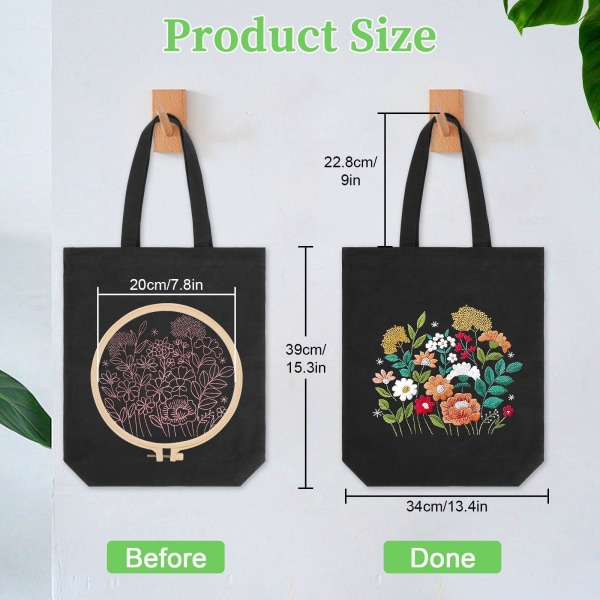 Canvas Tote Taske Broderikit med Blomstermønster, Kunst og DIY Voksne Korssting Håndværkssæt, Sort