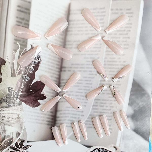 24 PCS Lange Kiste Falske Negl Glans Akryl Falske Negl Kunstige Krystall Trykk på Negl Ballerina Negl for Kvinner Jenter