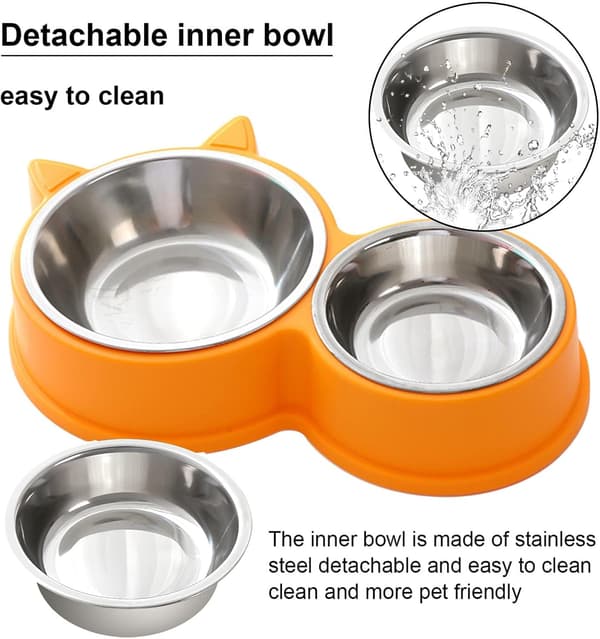 Set med dubbla kattmatskålar i rostfritt stål, halkfri bas, diskmaskinsäker - för torr- och våtfoder, söt kattdesign (Gul)