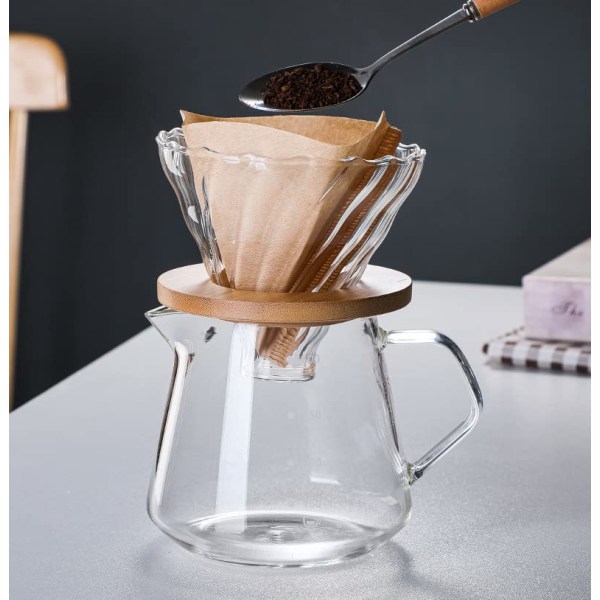 Transparent glas kaffedroppare Kaffefilterhållare Kaffefilterkon med trädyna kaffetratt för kaffebryggare