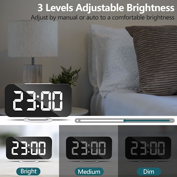 Digitalt vækkeur, vækkeure til sengeborde, ikke-tikkende vækkeur, vækkeur med dæmpbart LED-display, USB-vækkeur til soveværelse - hvid white